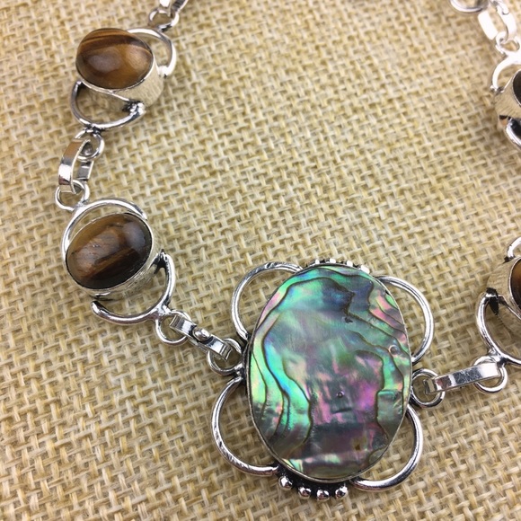New Abalone & Tigers Eye Gemstone Silver Overlay Bracelet 7 1/4 & 8 - Picture 6 of 8